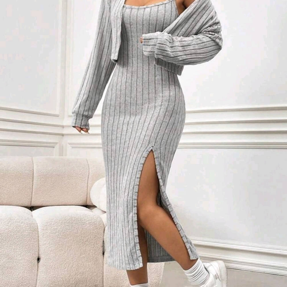 Gray Ribbed Knit Dress with Cardigan